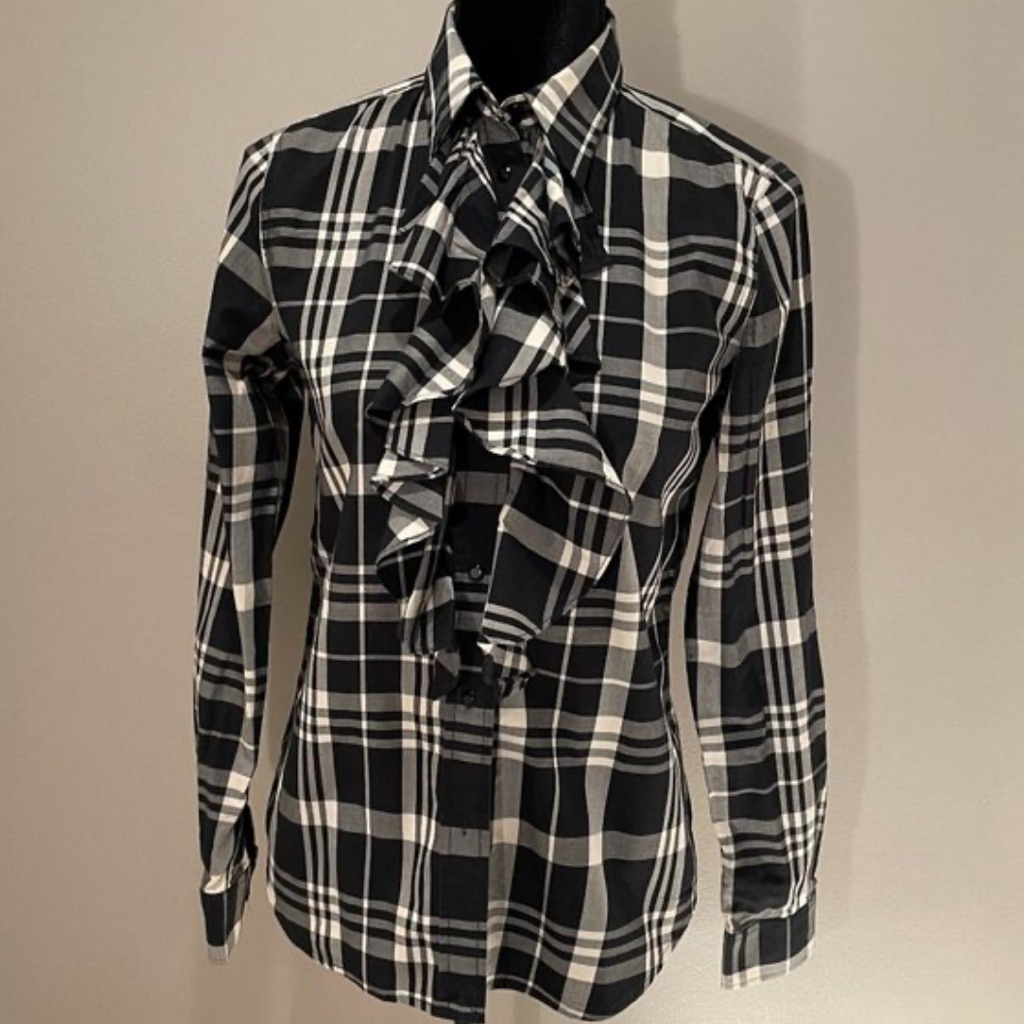 Ralph Lauren Black Plaid Ruffle Button Down Small